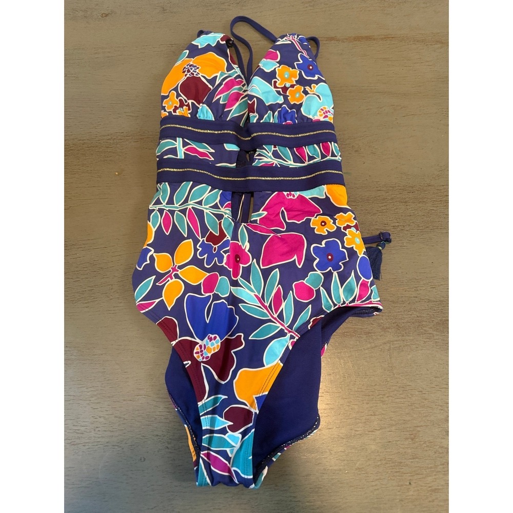 Cole of California Floral One Piece Swimsuit Purple Gold Cutout Tassel Size 12